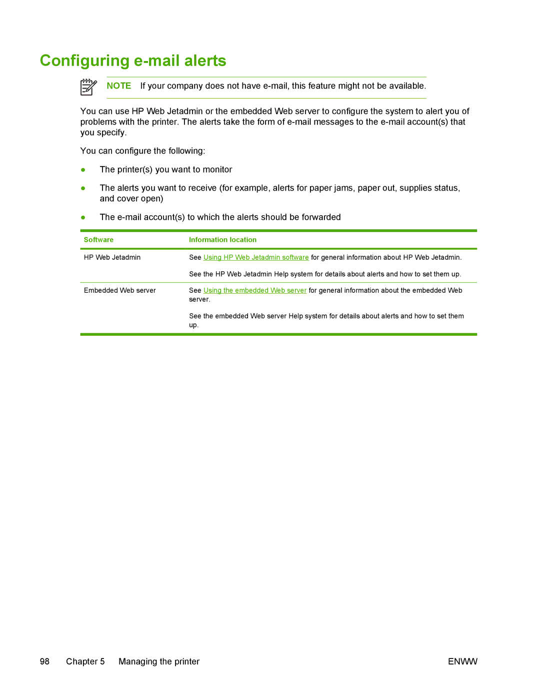 HP 5200 manual Configuring e-mail alerts, Software Information location 