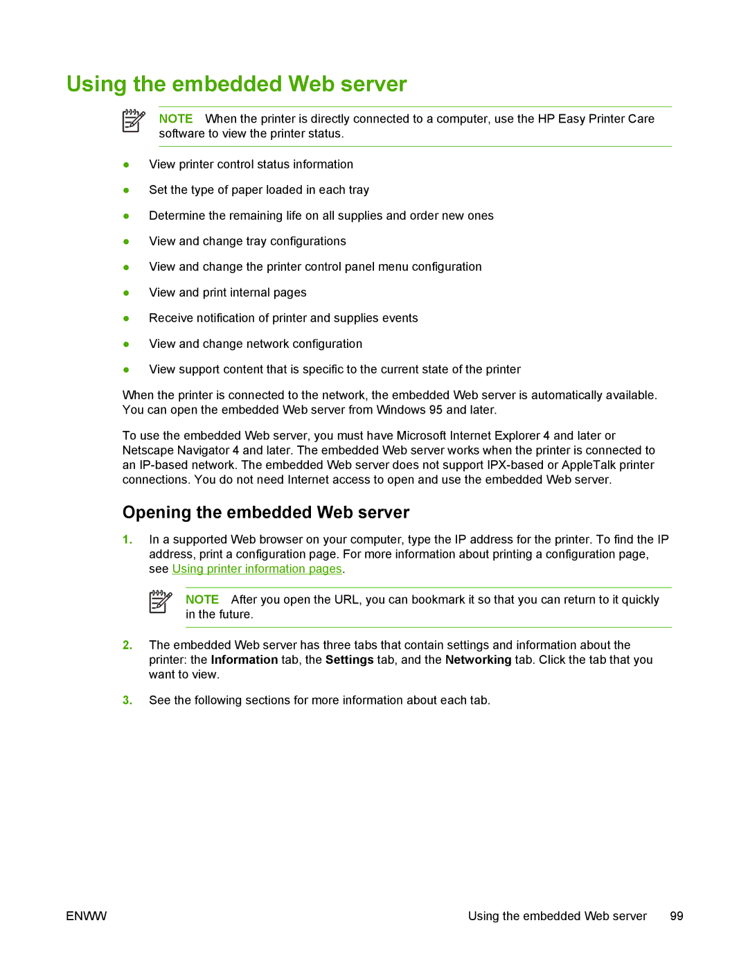 HP 5200 manual Using the embedded Web server, Opening the embedded Web server 