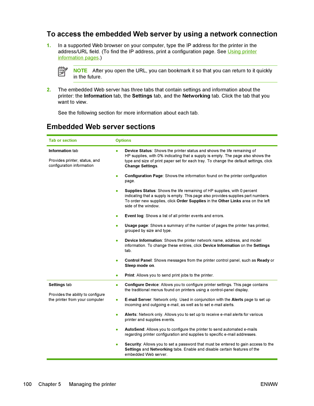 HP 5200 manual Embedded Web server sections, Tab or section, Information tab, Sleep mode on, Settings tab 