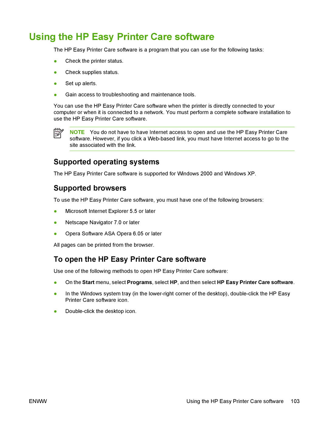 HP 5200 manual Using the HP Easy Printer Care software, Supported operating systems, Supported browsers 