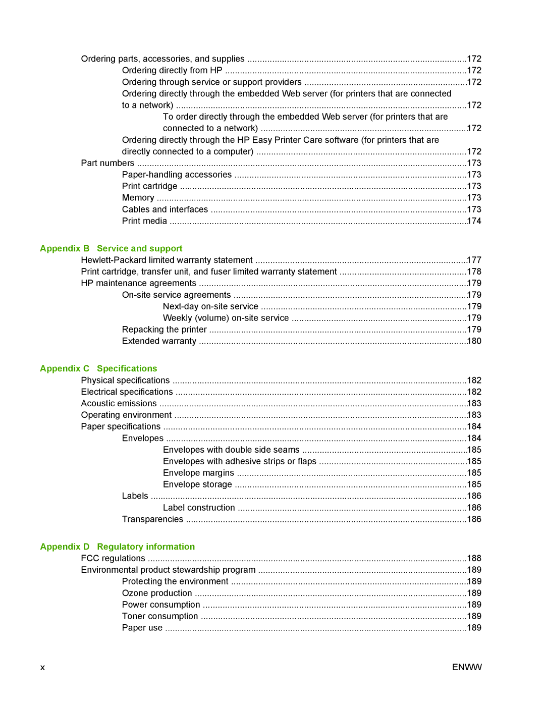 HP 5200 manual Appendix B Service and support, Appendix C Specifications, Appendix D Regulatory information 