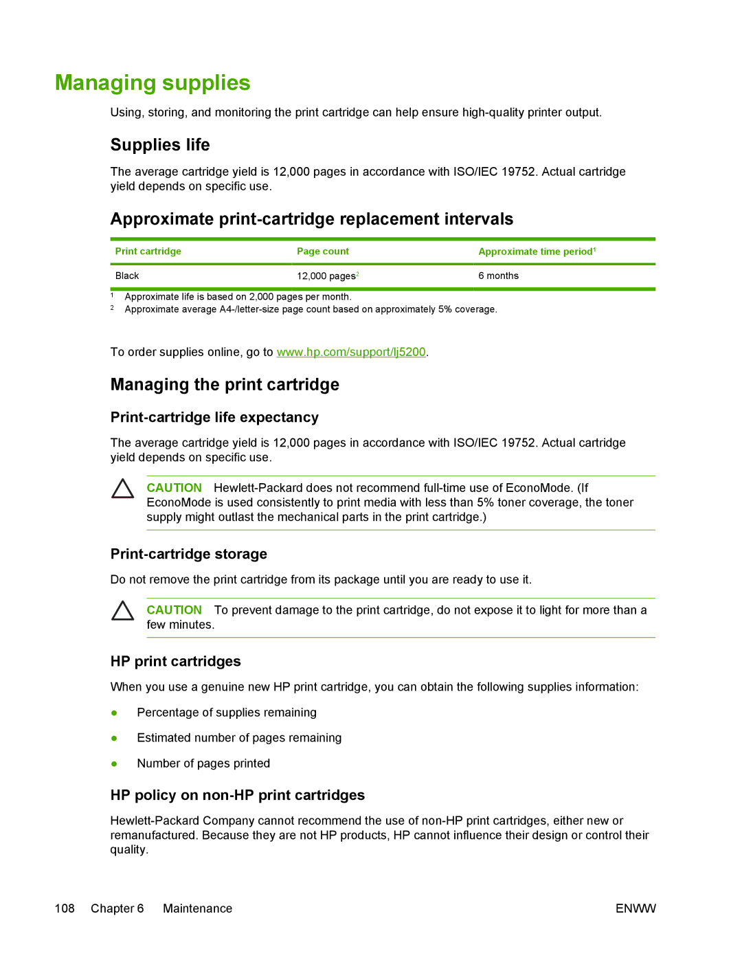 HP 5200 Managing supplies, Supplies life, Approximate print-cartridge replacement intervals, Managing the print cartridge 