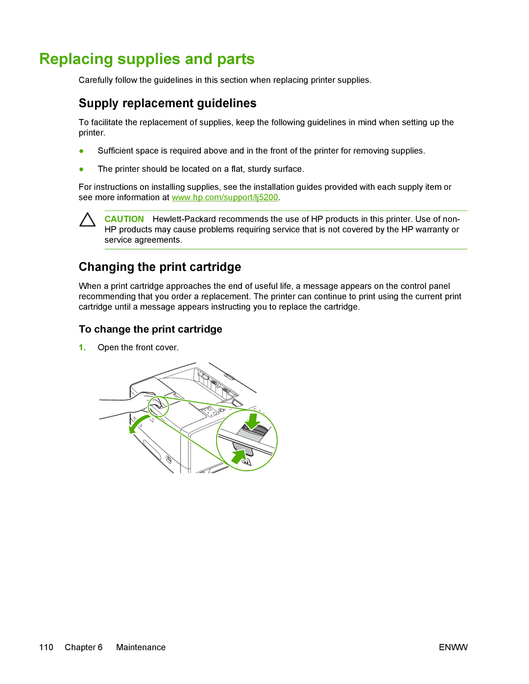 HP 5200 manual Replacing supplies and parts, Supply replacement guidelines, Changing the print cartridge 