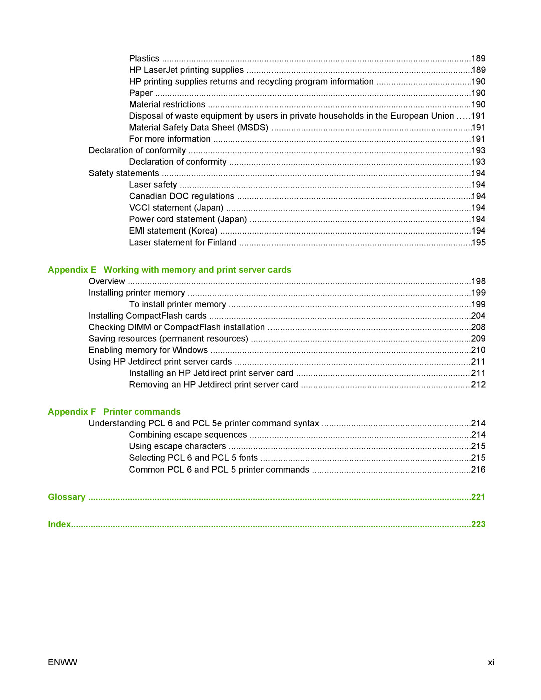 HP 5200 manual Appendix E Working with memory and print server cards, Appendix F Printer commands, 221, 223 