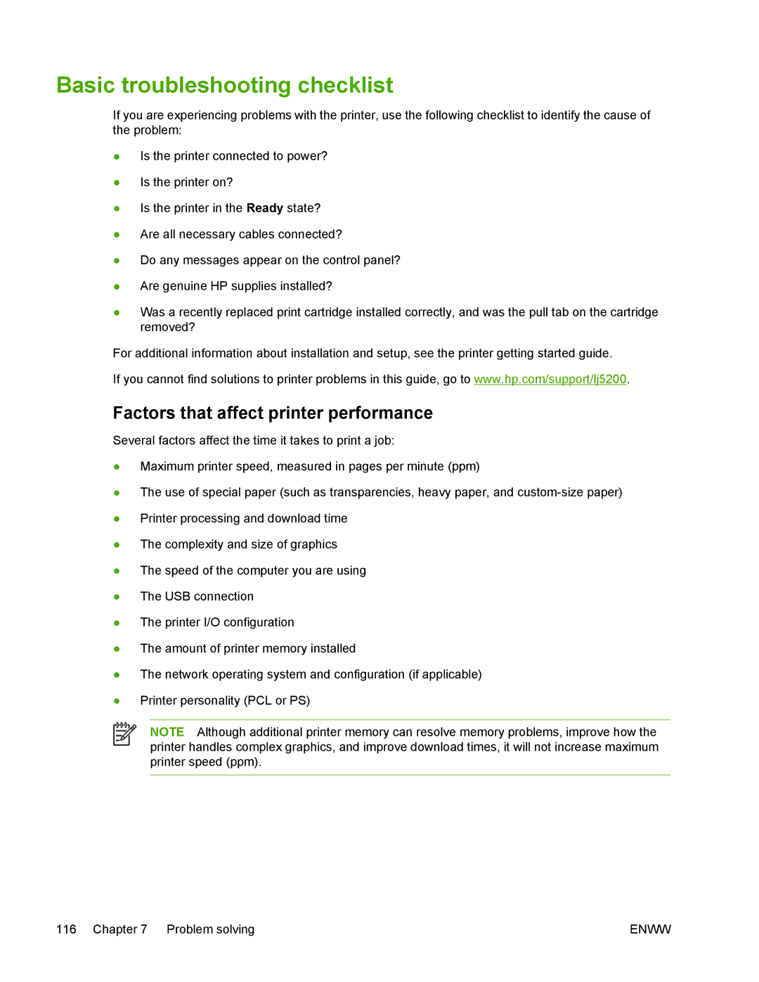 HP 5200 manual Basic troubleshooting checklist, Factors that affect printer performance 