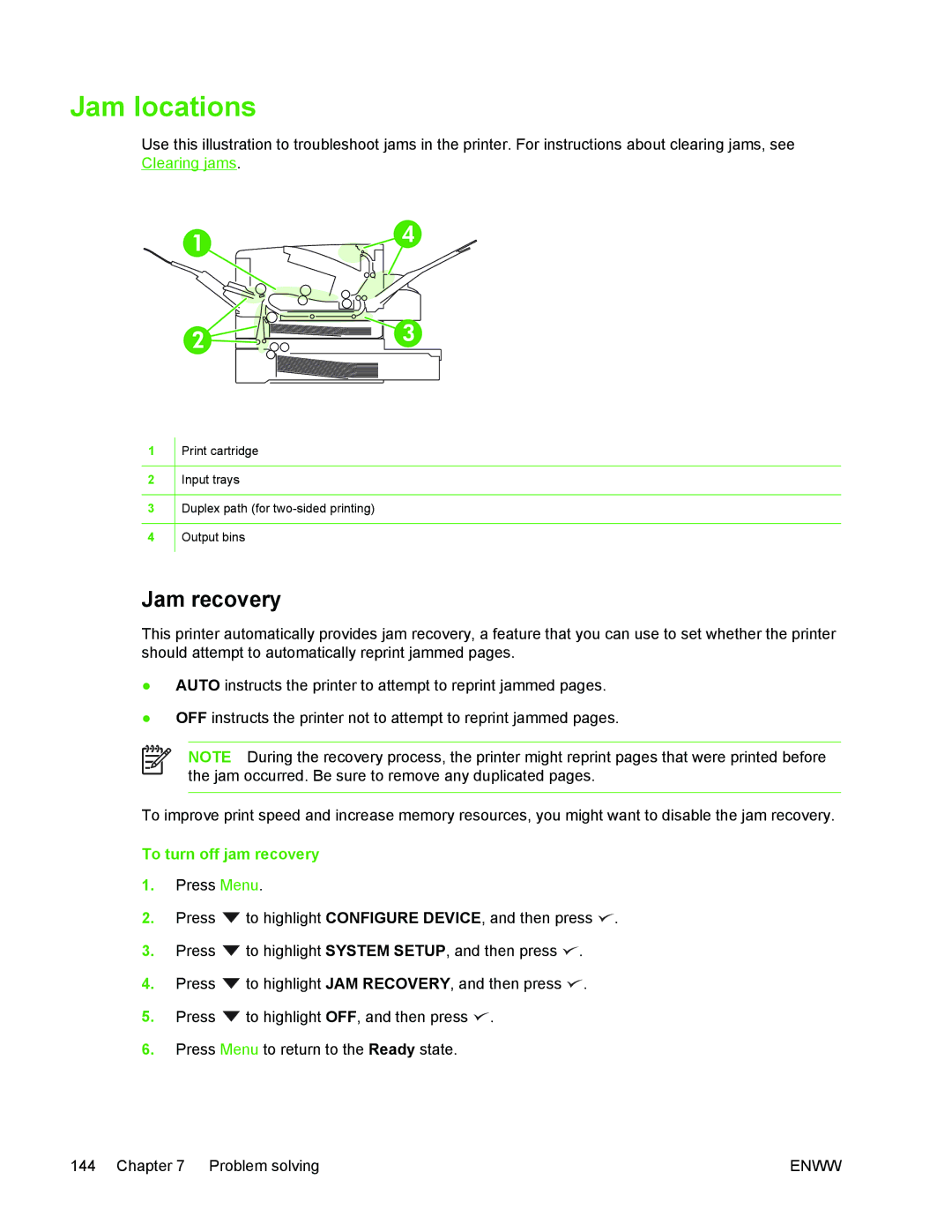 HP 5200 manual Jam locations, To turn off jam recovery 