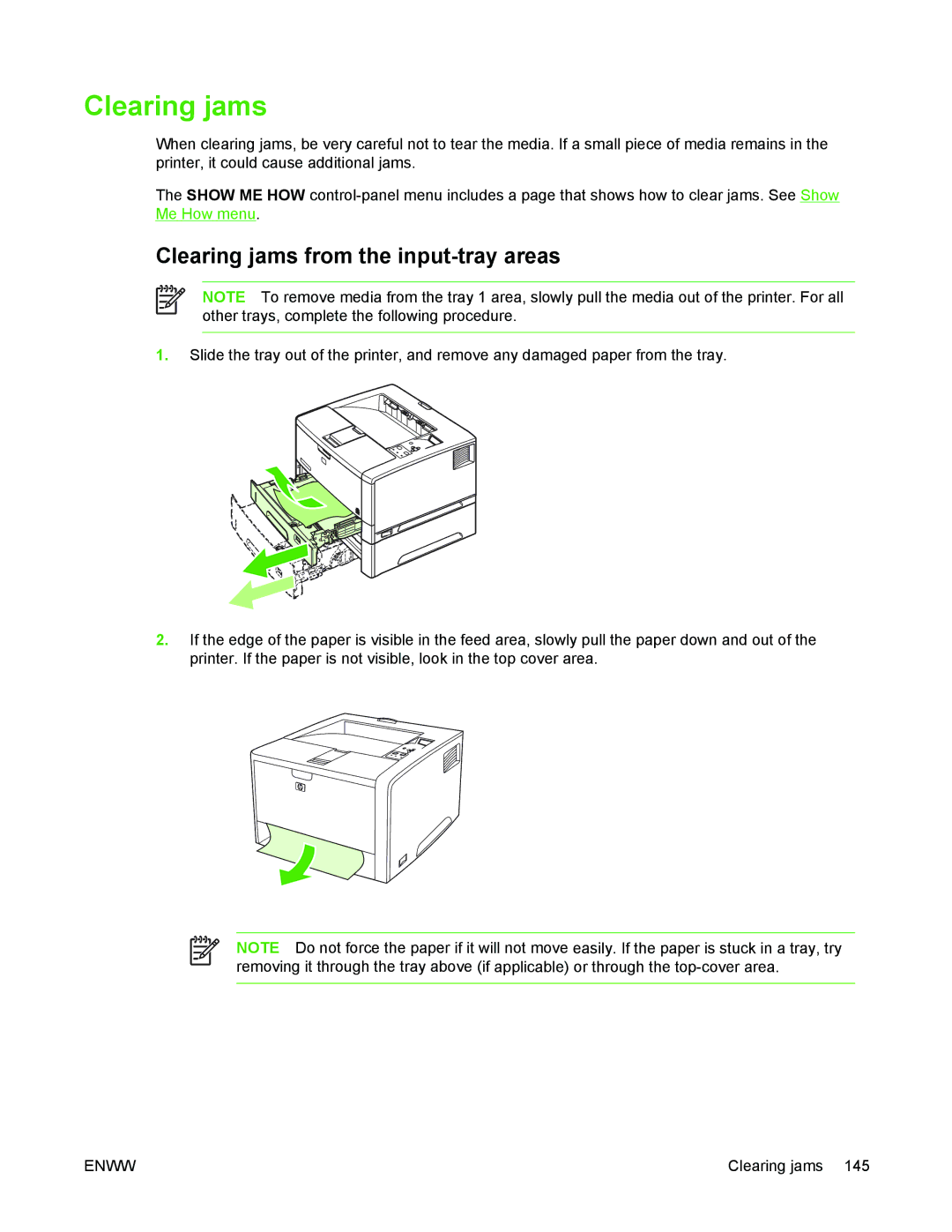 HP 5200 manual Clearing jams from the input-tray areas 