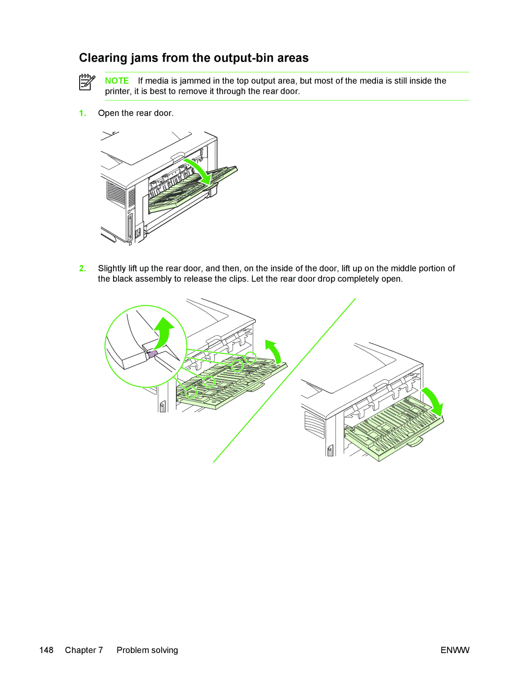 HP 5200 manual Clearing jams from the output-bin areas 