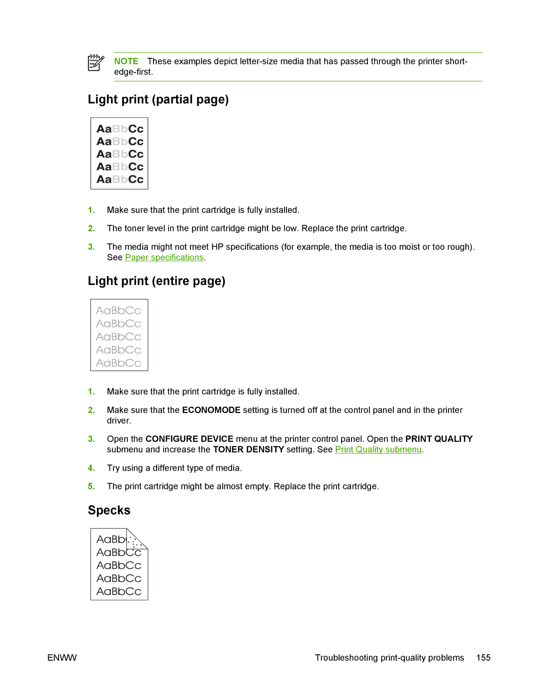 HP 5200 manual Light print partial, Light print entire, Specks 