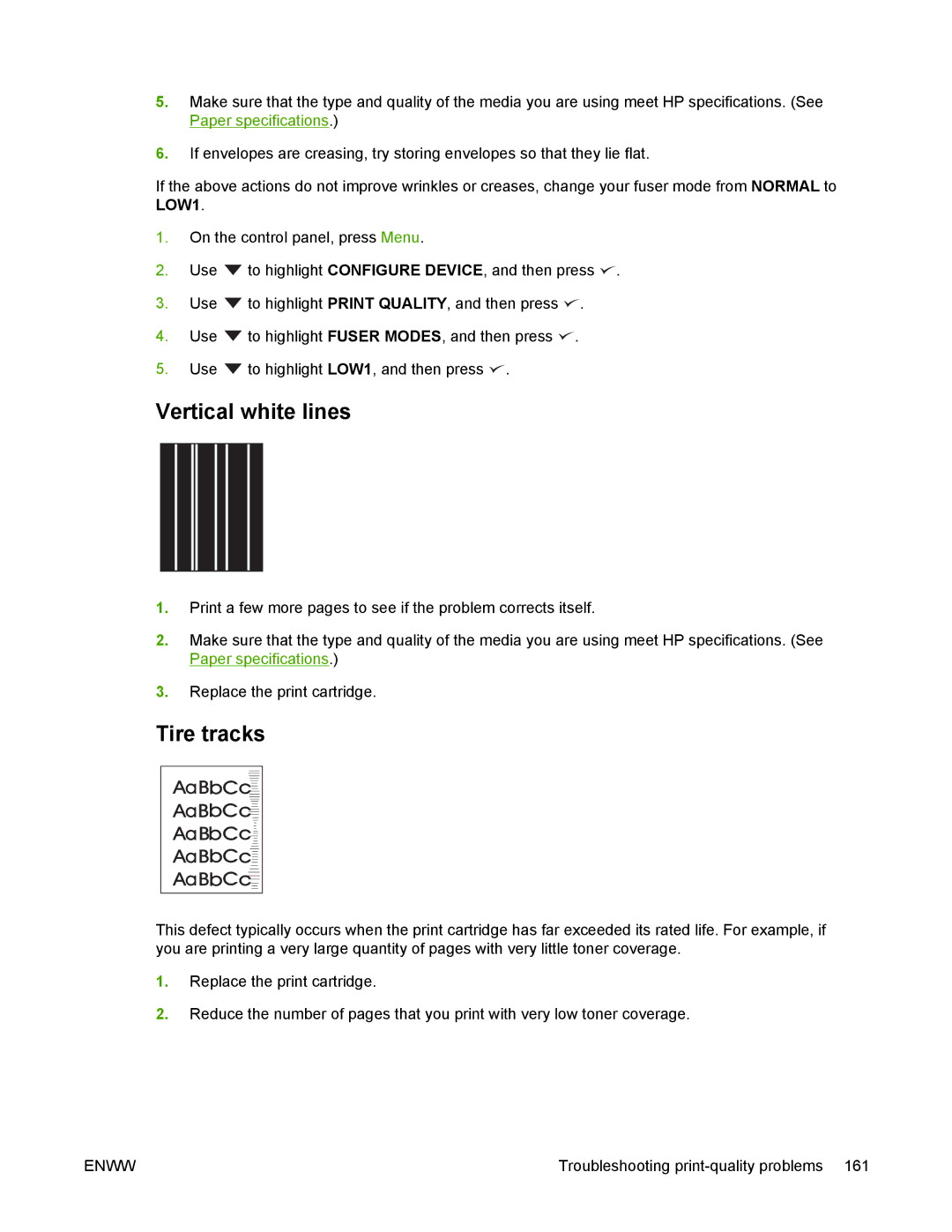 HP 5200 manual Vertical white lines, Tire tracks 