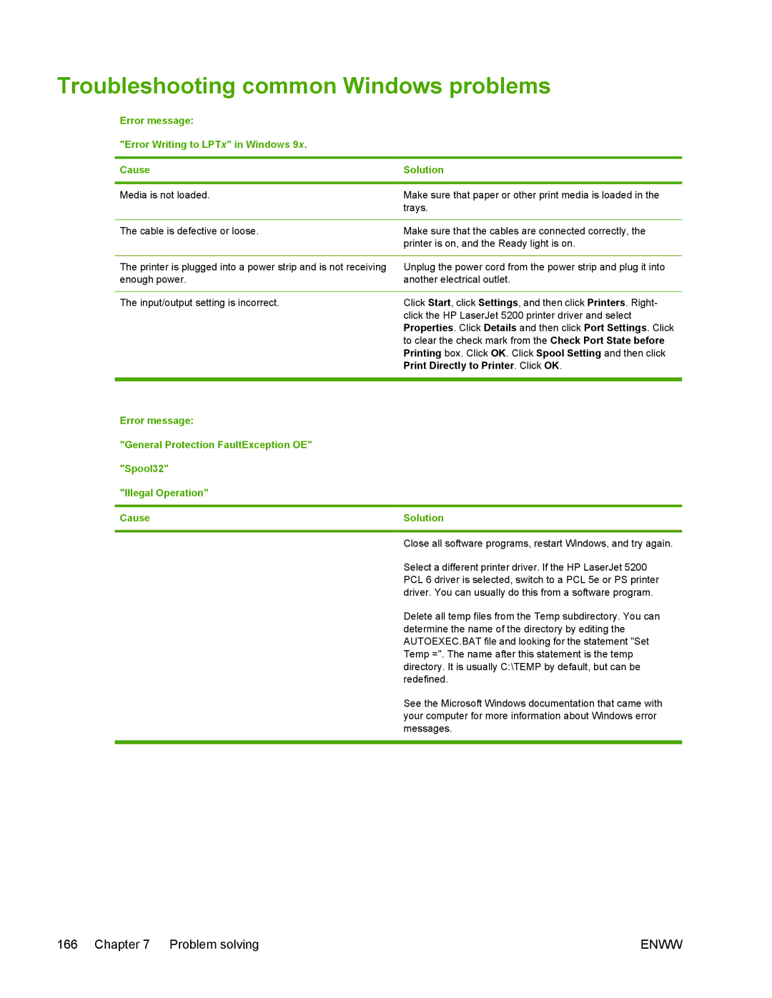 HP 5200 manual Troubleshooting common Windows problems, Error message Error Writing to LPTx in Windows Cause 