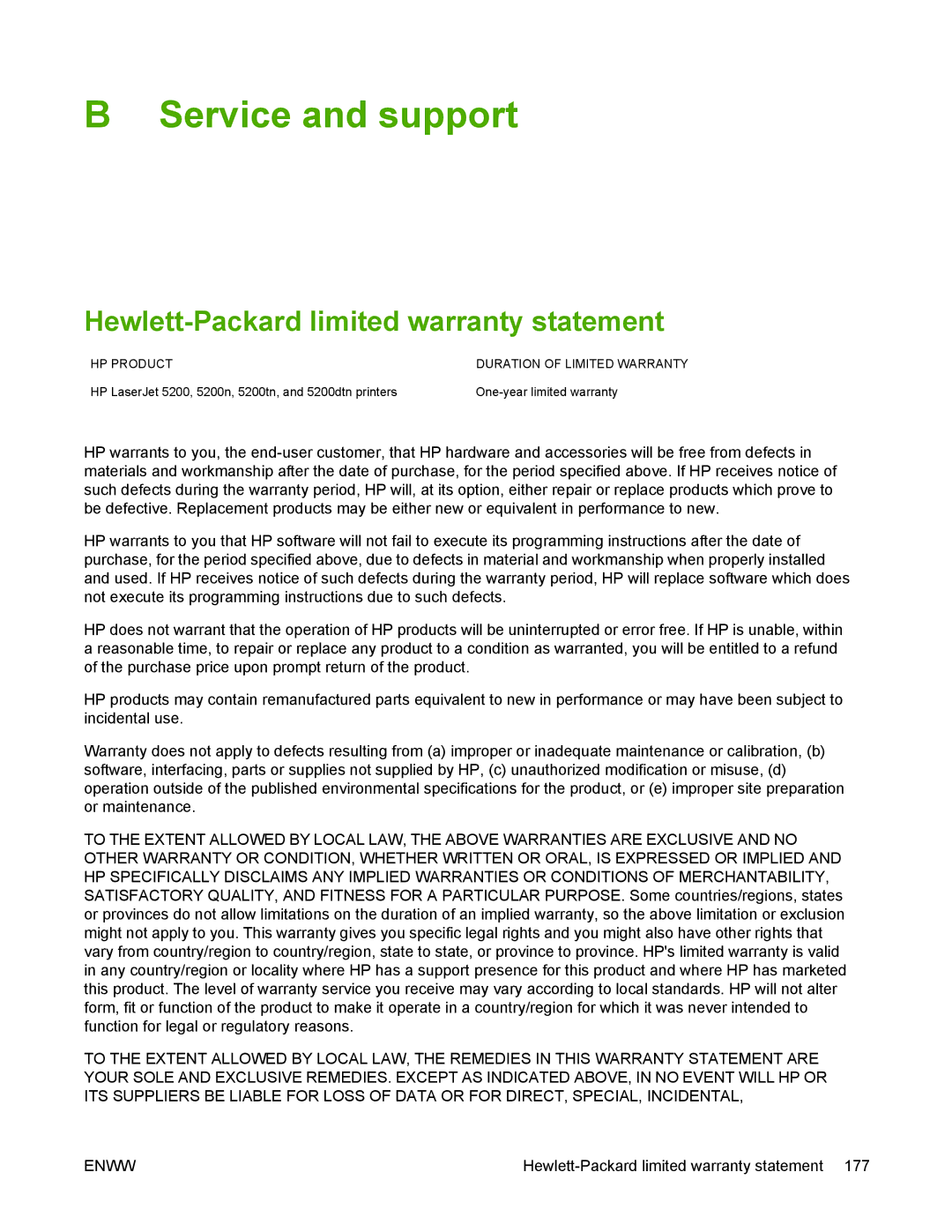 HP 5200 manual Service and support, Hewlett-Packard limited warranty statement 