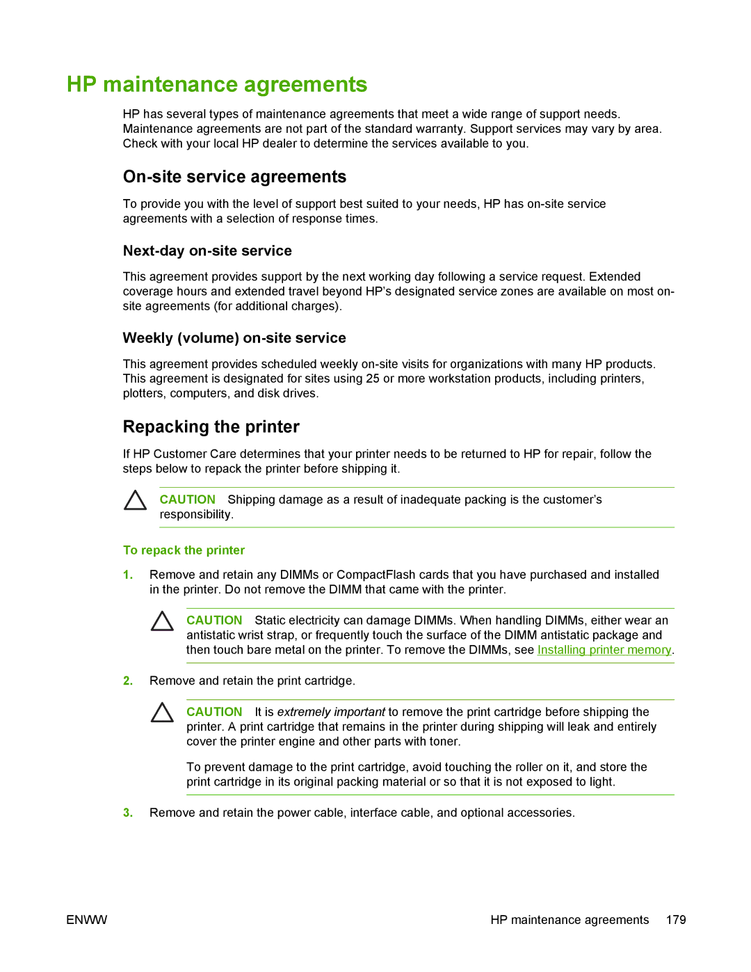 HP 5200 manual HP maintenance agreements, On-site service agreements, Repacking the printer, Next-day on-site service 