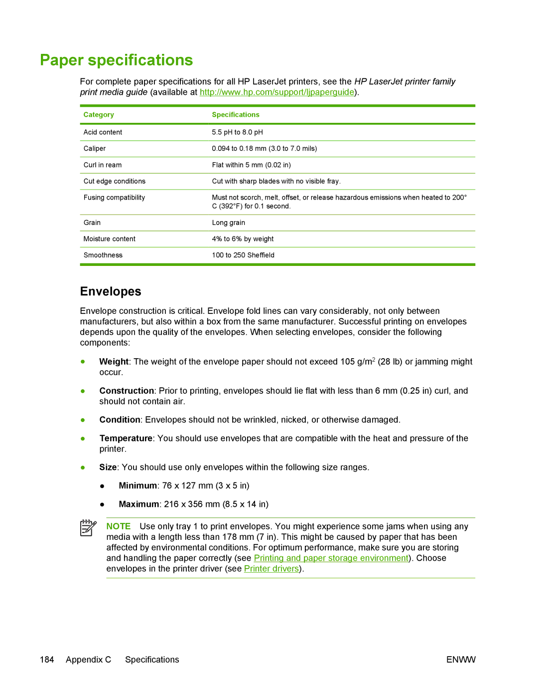 HP 5200 manual Paper specifications, Envelopes, Category Specifications 