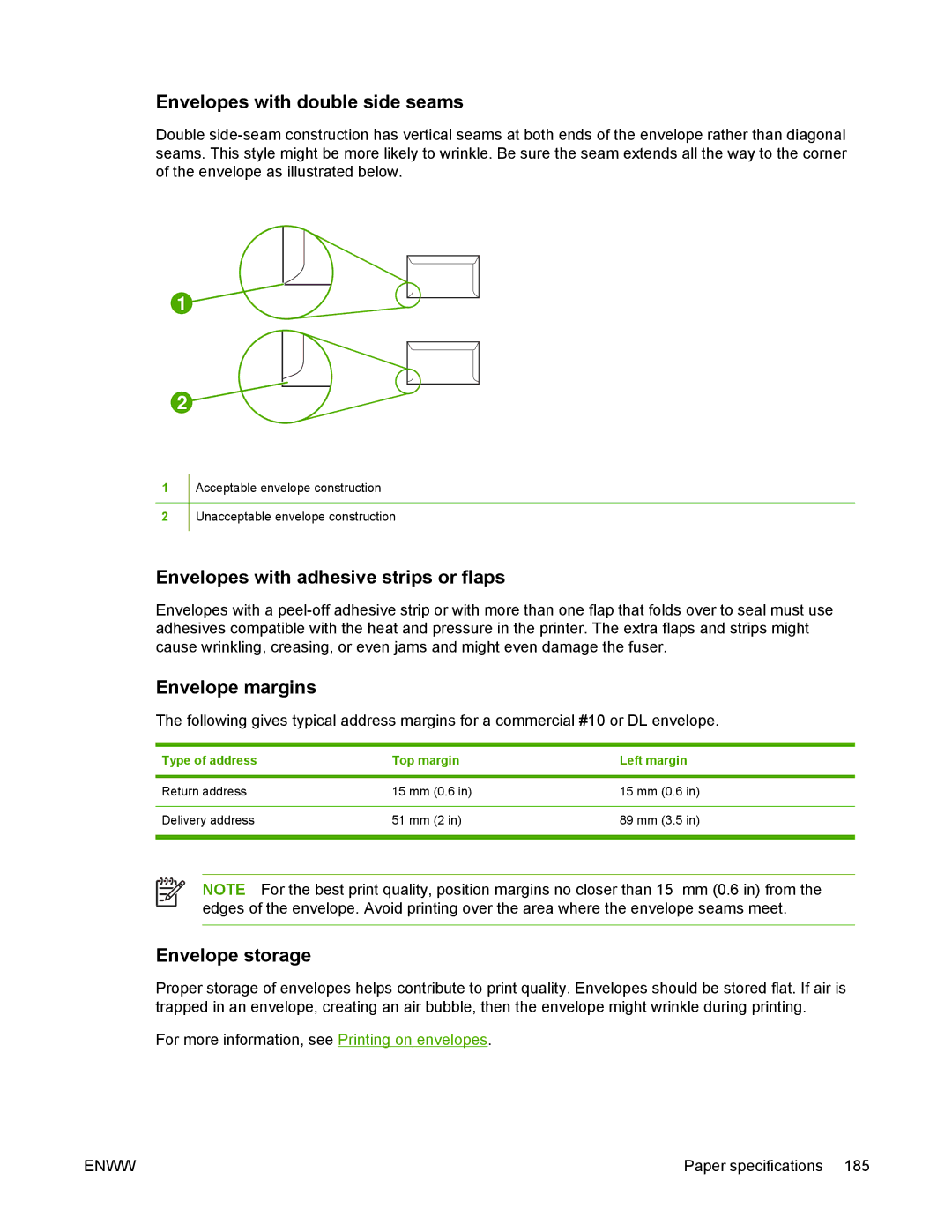 HP 5200 Envelopes with double side seams, Envelopes with adhesive strips or flaps, Envelope margins, Envelope storage 