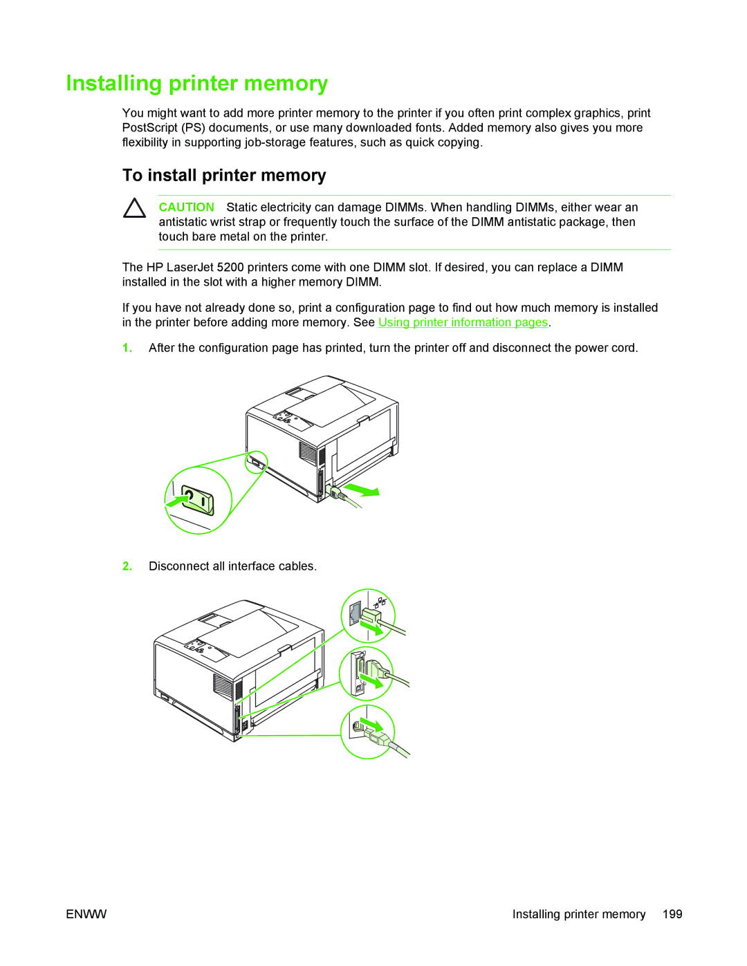 HP 5200 manual Installing printer memory, To install printer memory 