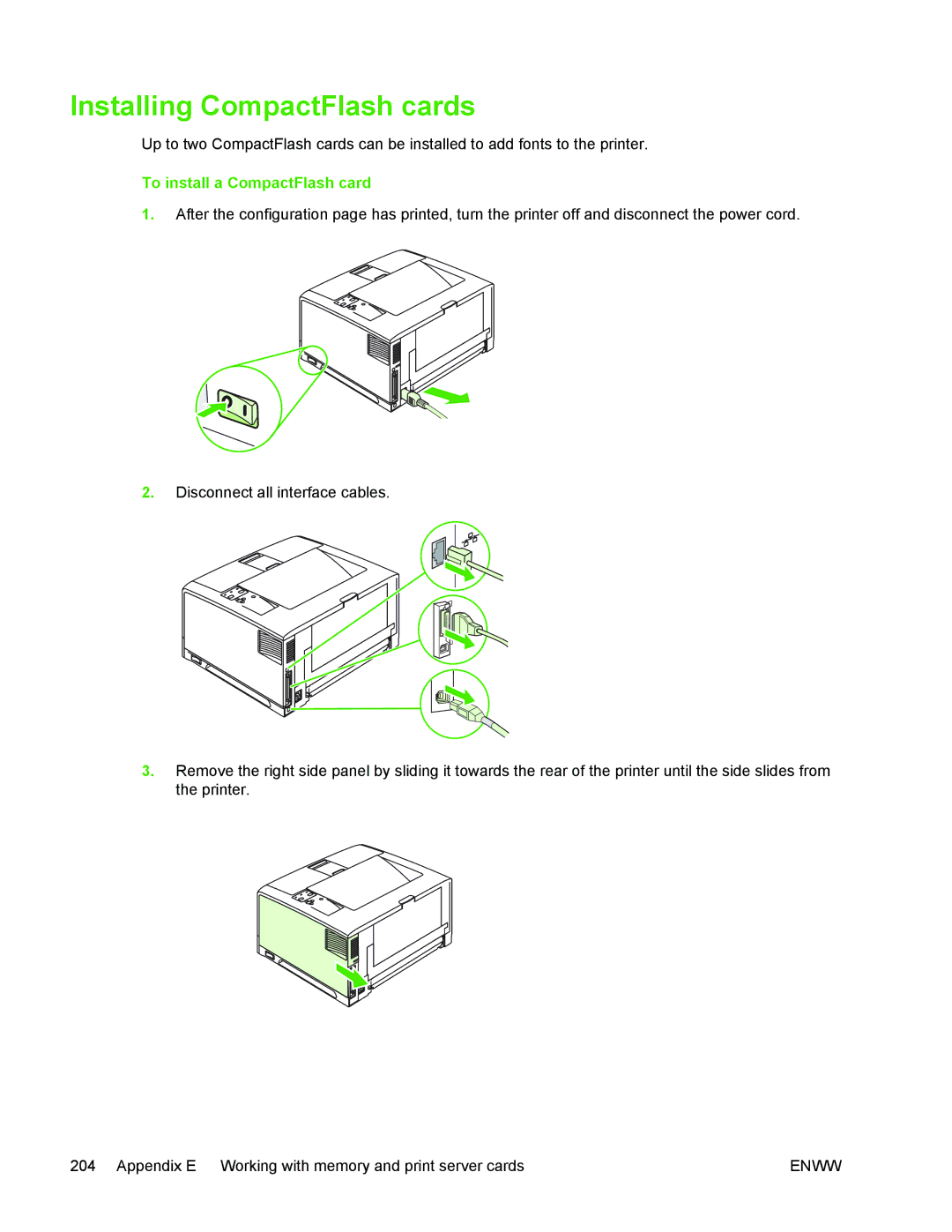 HP 5200 manual Installing CompactFlash cards, To install a CompactFlash card 