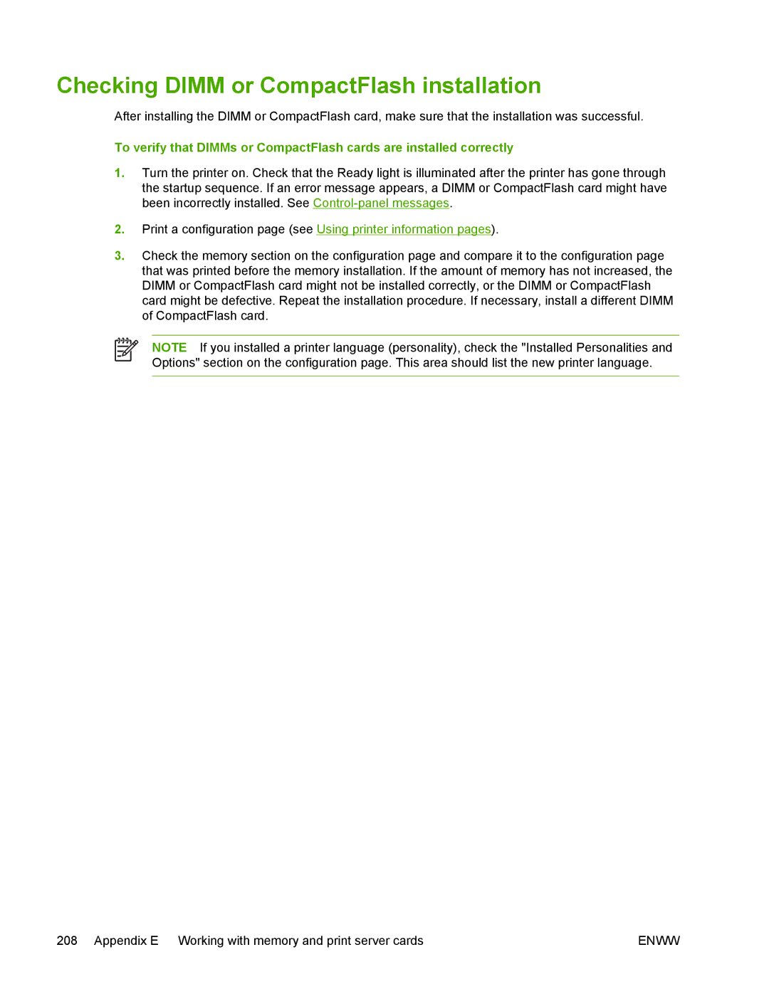 HP 5200 manual Checking Dimm or CompactFlash installation 