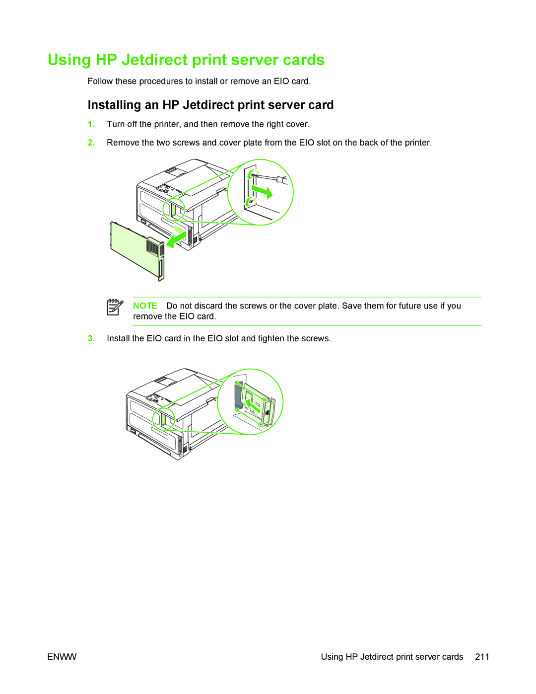 HP 5200 manual Using HP Jetdirect print server cards, Installing an HP Jetdirect print server card 