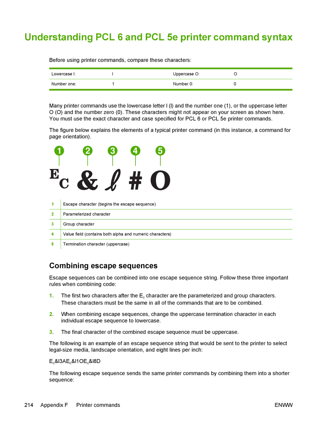 HP 5200 manual Understanding PCL 6 and PCL 5e printer command syntax, Combining escape sequences 