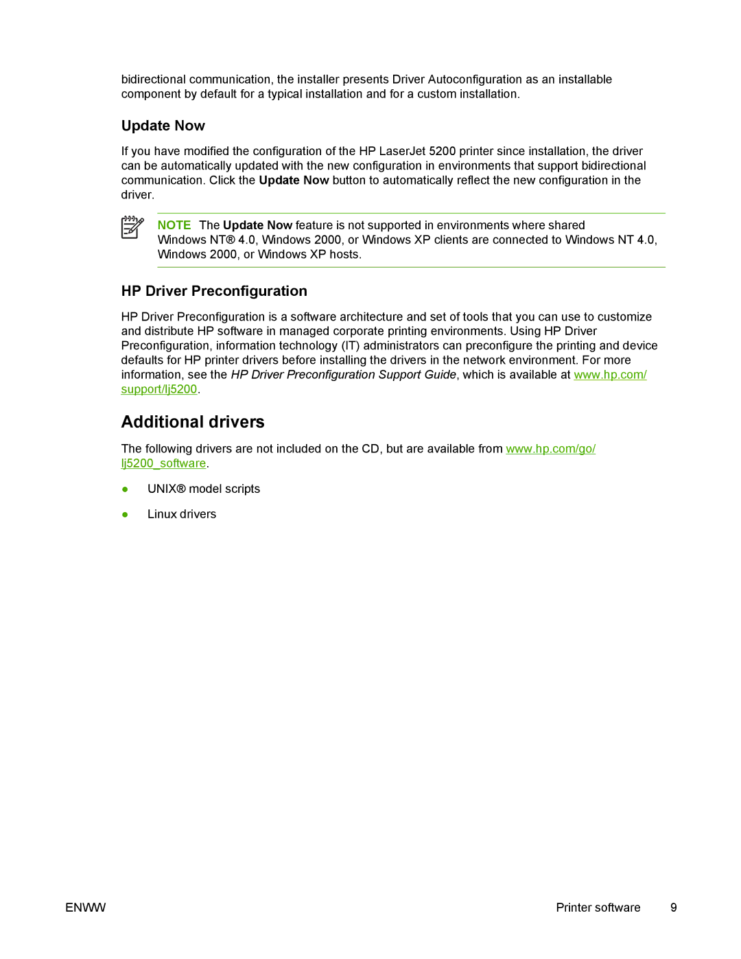 HP 5200 manual Additional drivers, Update Now, HP Driver Preconfiguration 