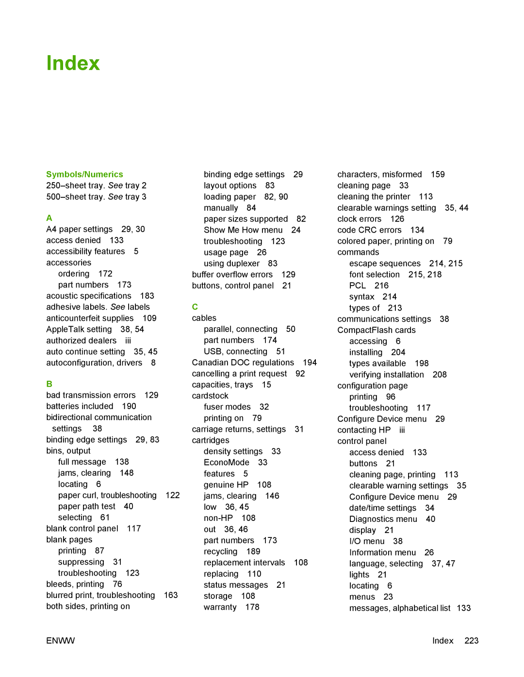 HP 5200 manual Index, Cables 