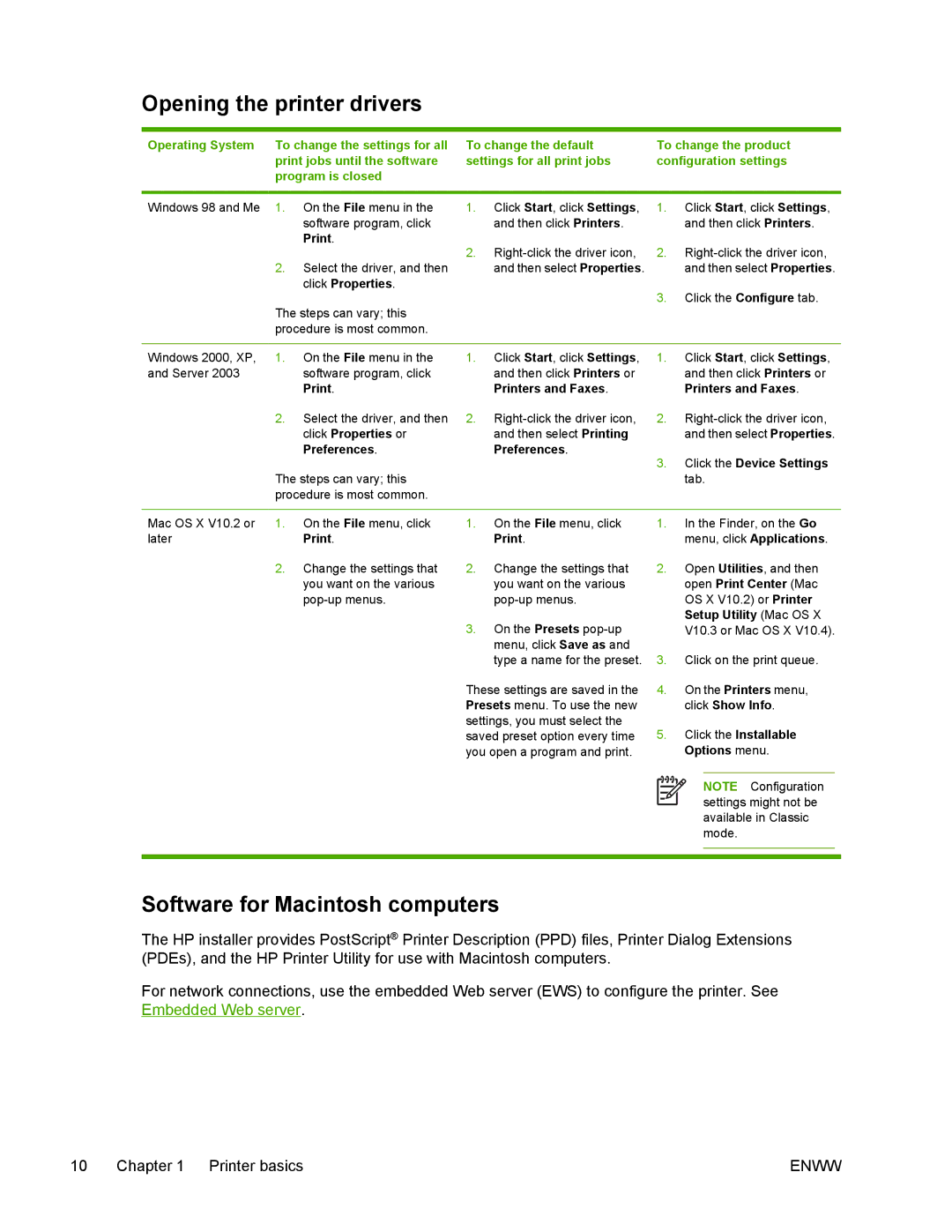 HP 5200 manual Opening the printer drivers, Software for Macintosh computers, Operating System 