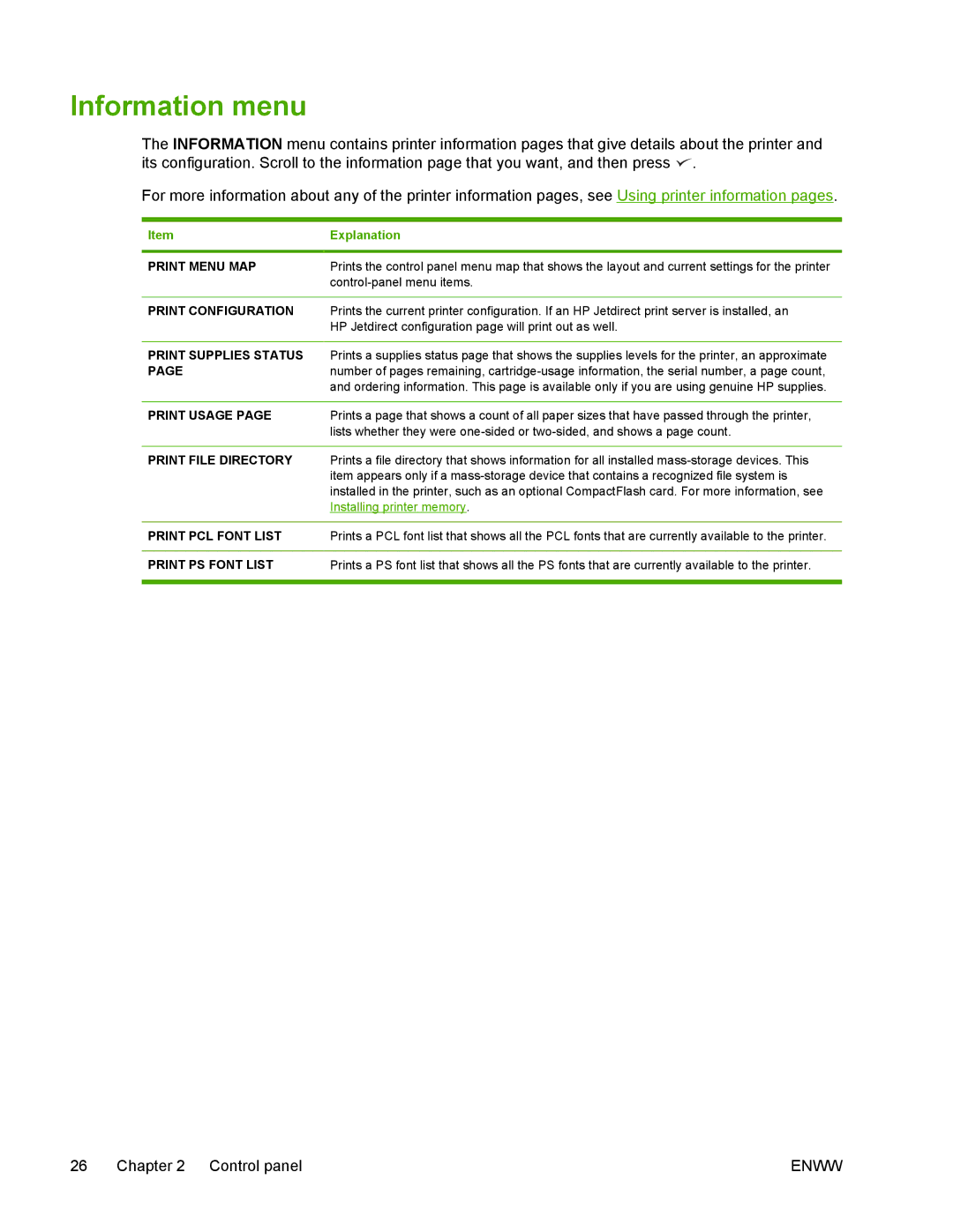 HP 5200 manual Information menu 