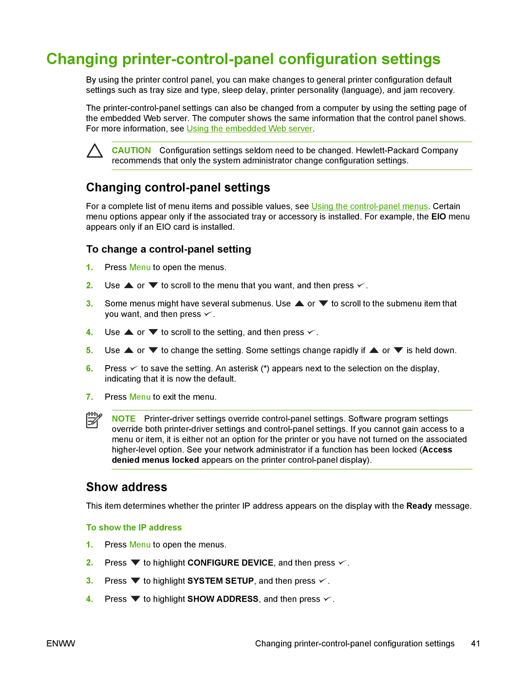 HP 5200 manual Changing printer-control-panel configuration settings, Changing control-panel settings, Show address 