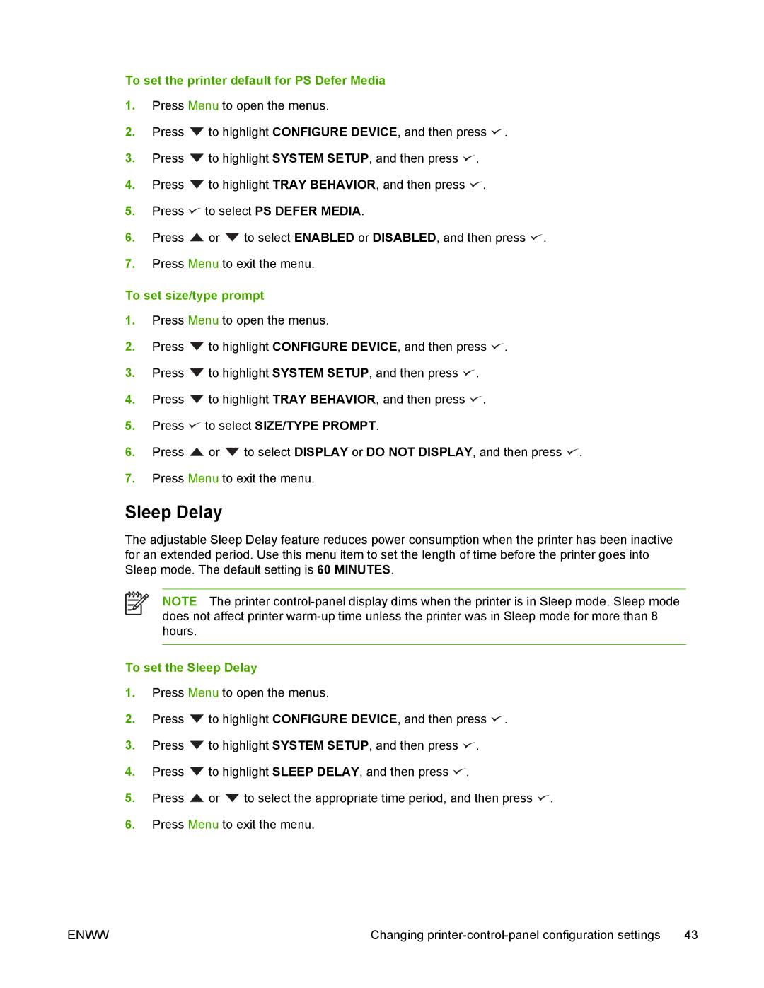 HP 5200 manual To set the printer default for PS Defer Media, To set size/type prompt, To set the Sleep Delay 