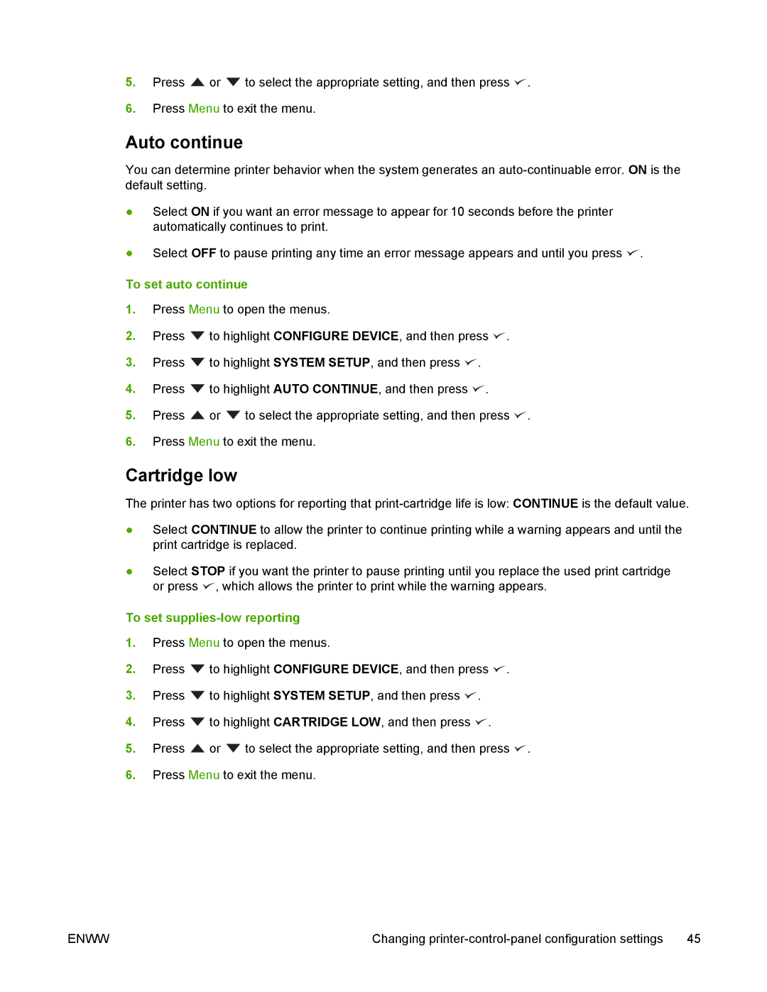 HP 5200 manual Auto continue, Cartridge low, To set auto continue, To set supplies-low reporting 