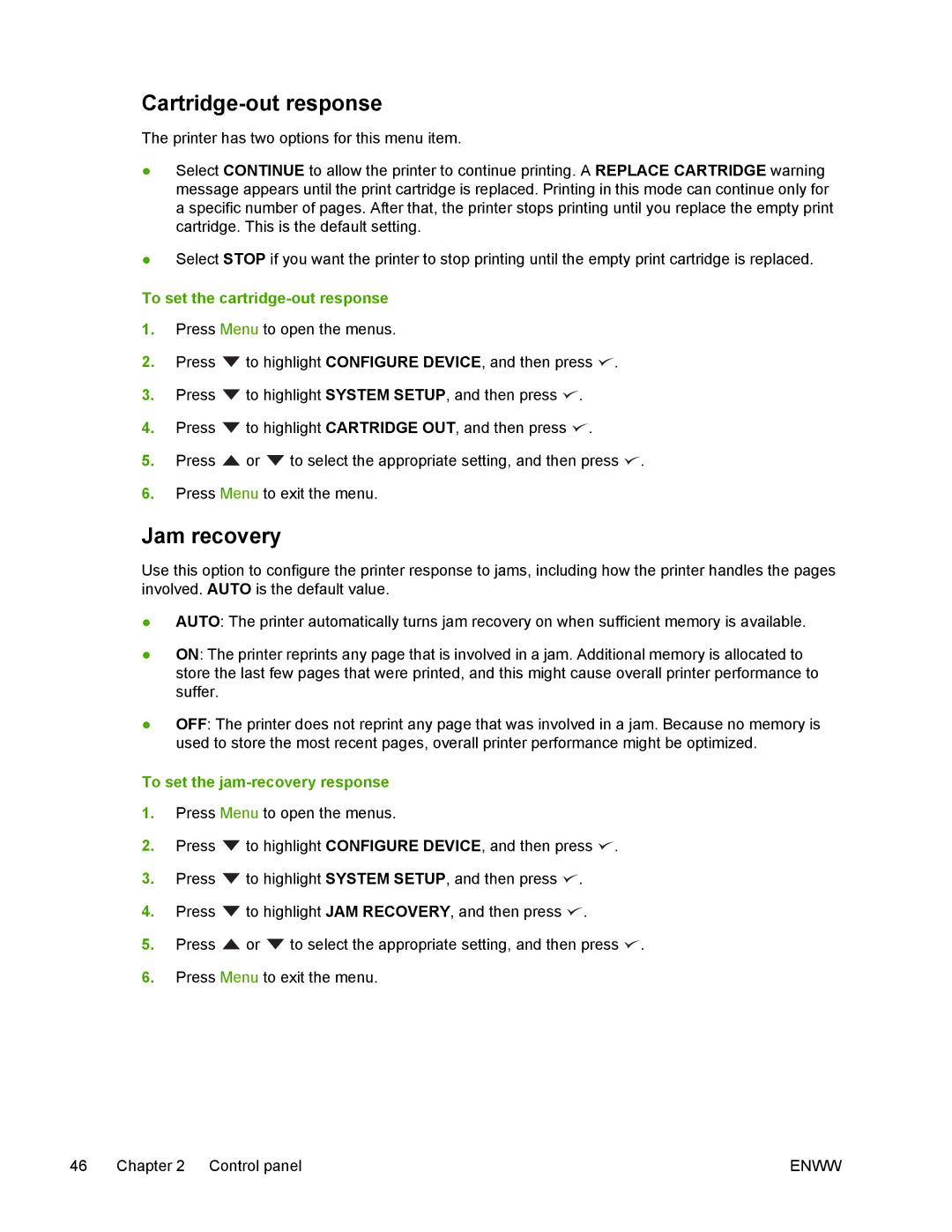 HP 5200 manual Cartridge-out response, Jam recovery, To set the cartridge-out response, To set the jam-recovery response 