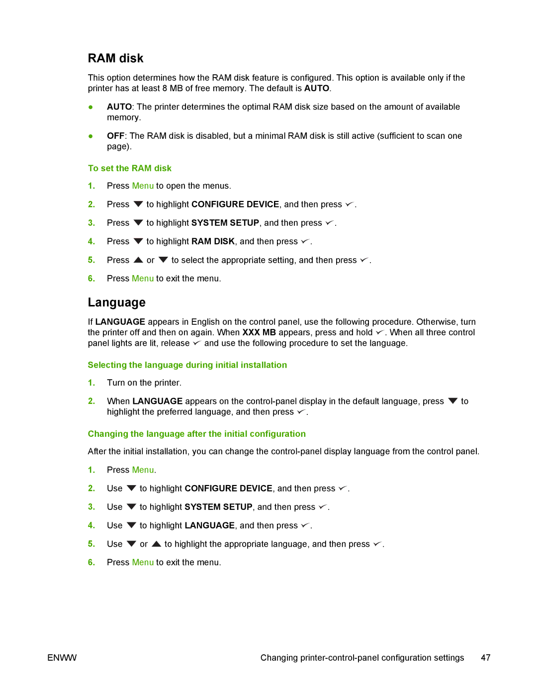 HP 5200 manual Language, To set the RAM disk, Selecting the language during initial installation 