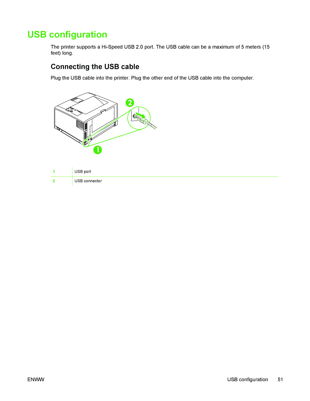 HP 5200 manual USB configuration, Connecting the USB cable 