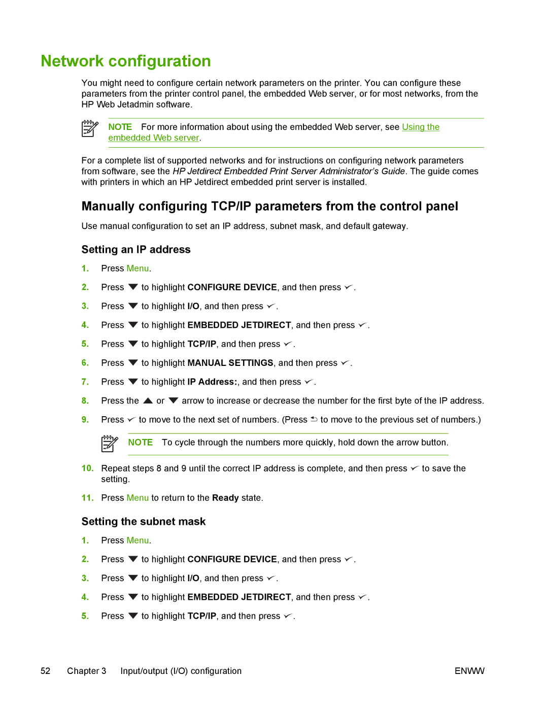 HP 5200 manual Network configuration, Setting an IP address, Setting the subnet mask 