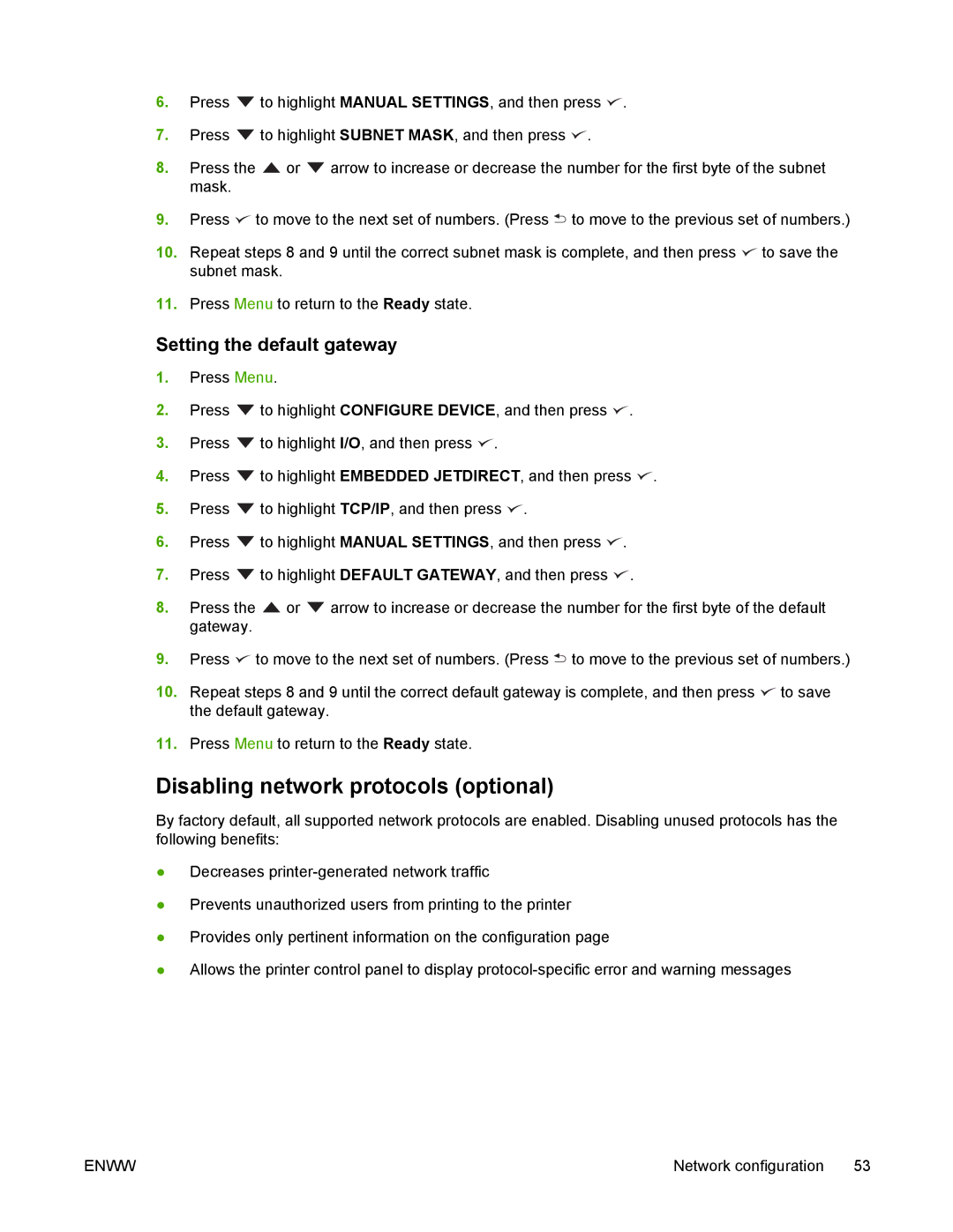 HP 5200 manual Disabling network protocols optional, Setting the default gateway 