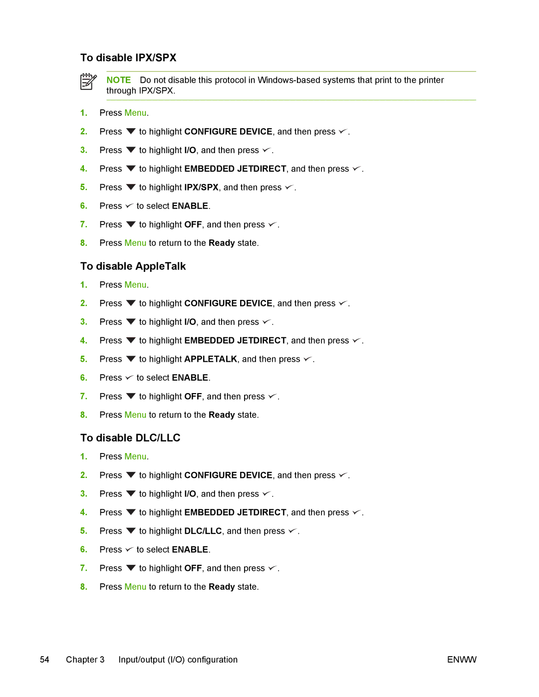 HP 5200 manual To disable IPX/SPX, To disable AppleTalk, To disable DLC/LLC 