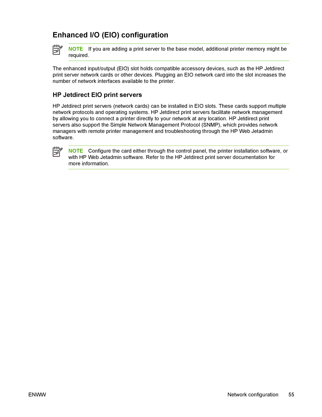 HP 5200 manual Enhanced I/O EIO configuration, HP Jetdirect EIO print servers 