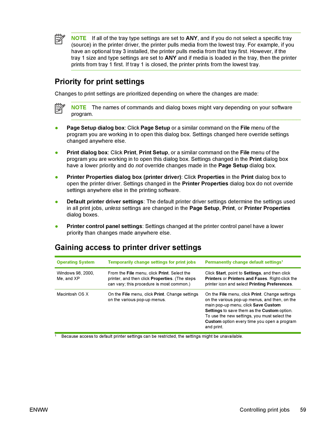 HP 5200 manual Priority for print settings, Gaining access to printer driver settings 