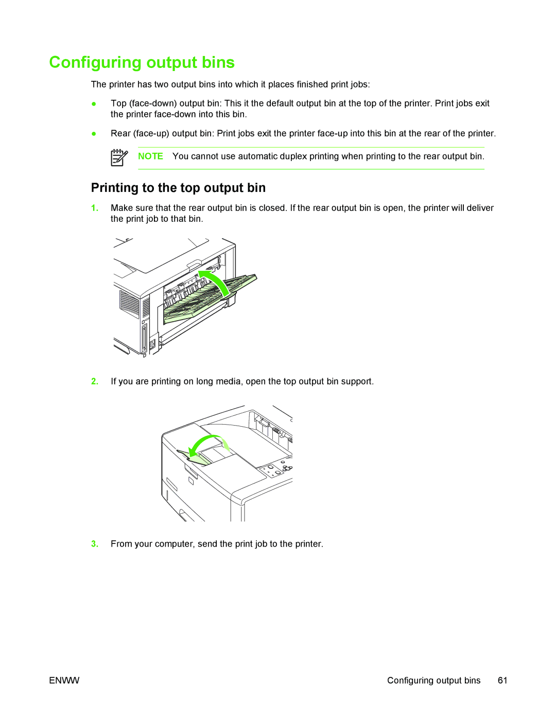 HP 5200 manual Configuring output bins, Printing to the top output bin 