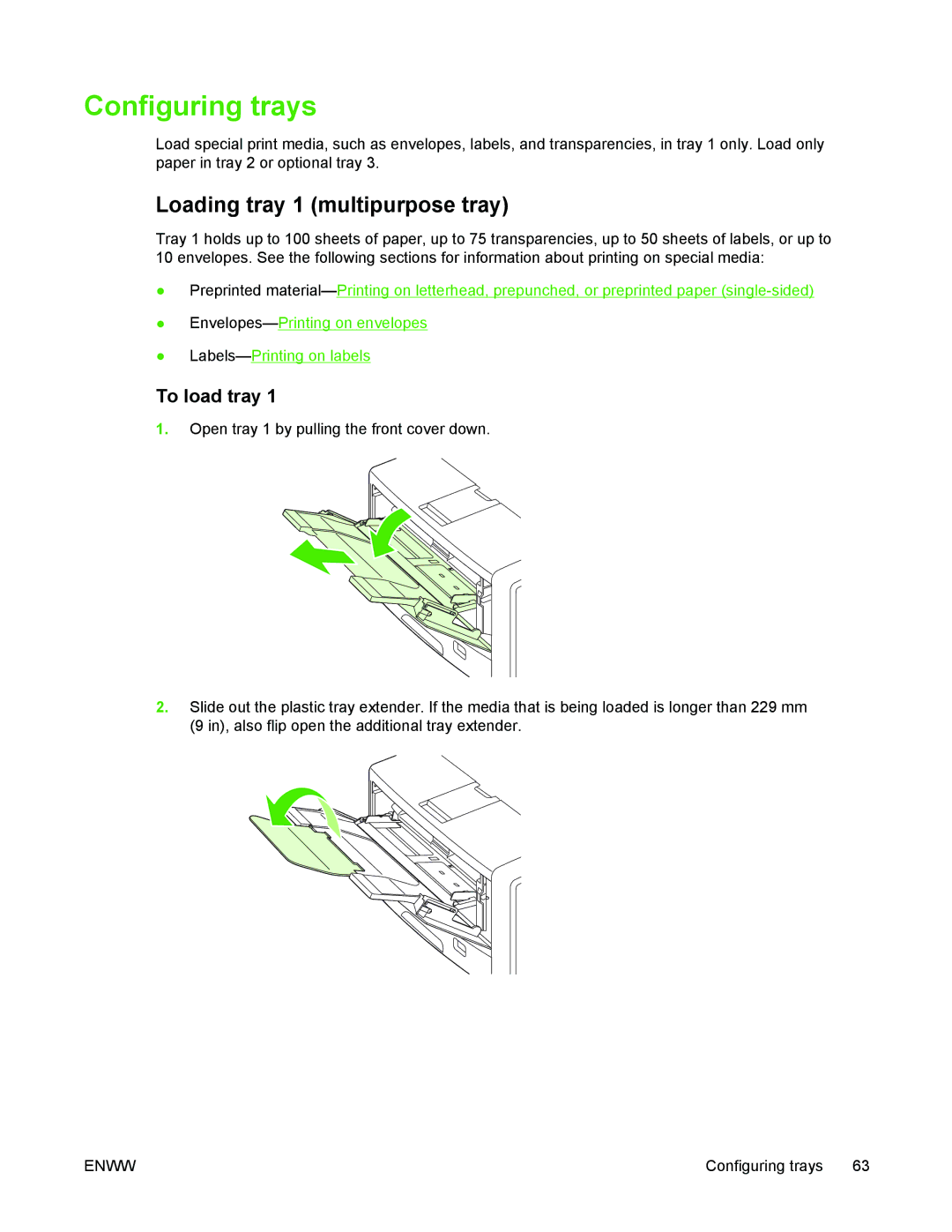 HP 5200 manual Configuring trays, Loading tray 1 multipurpose tray, To load tray 