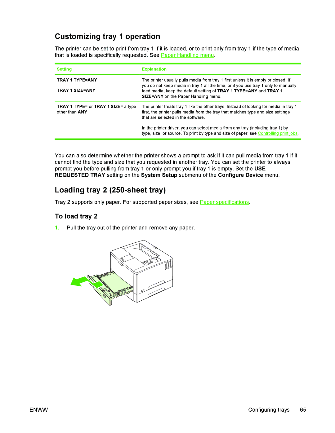 HP 5200 Customizing tray 1 operation, Loading tray 2 250-sheet tray, Setting Explanation, Tray 1 TYPE=ANY, Tray 1 SIZE=ANY 