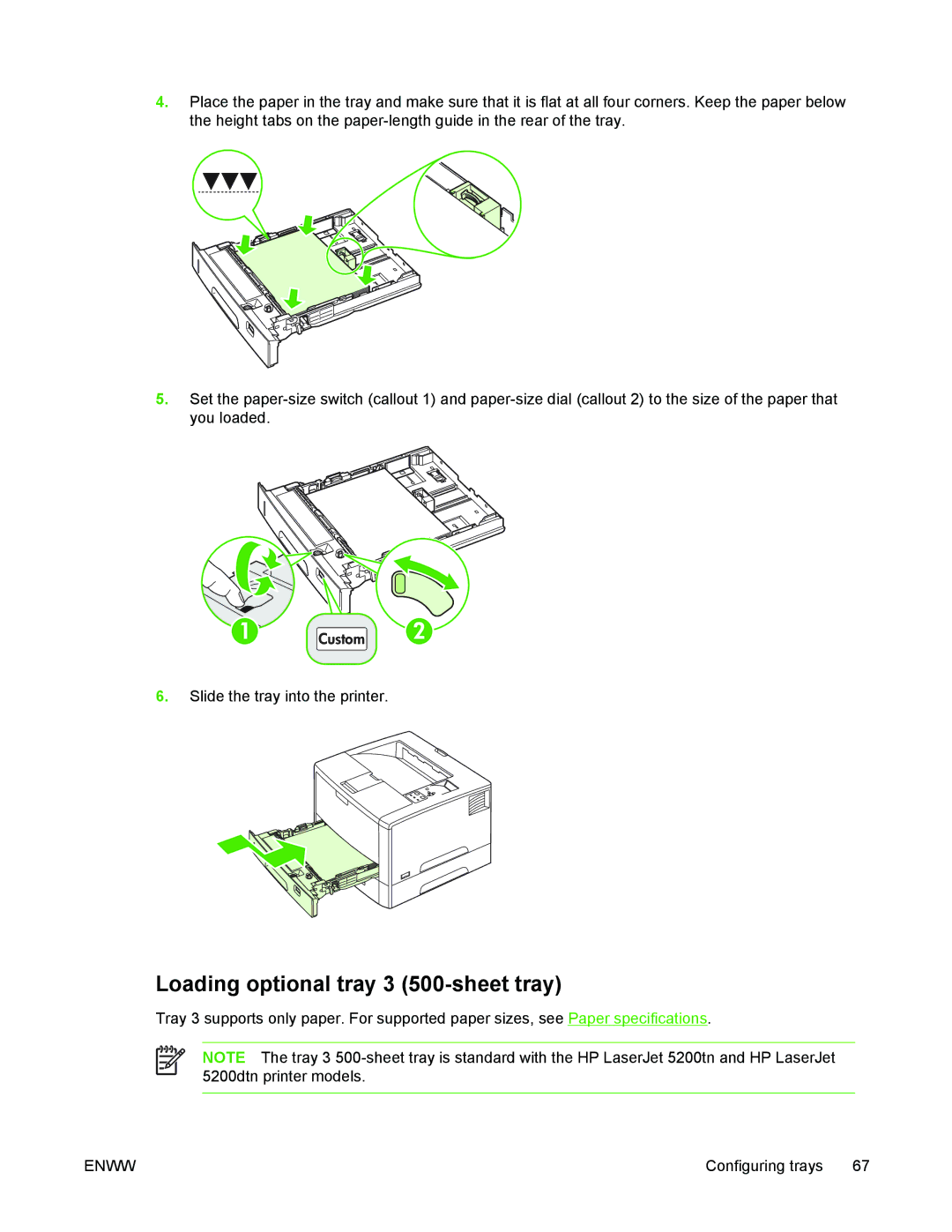 HP 5200 manual Loading optional tray 3 500-sheet tray 