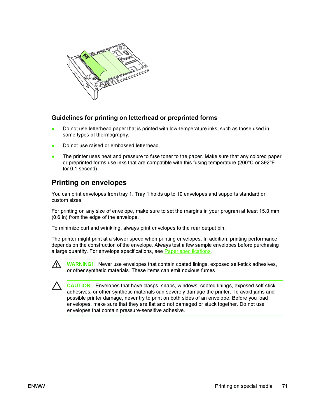 HP 5200 manual Printing on envelopes, Guidelines for printing on letterhead or preprinted forms 