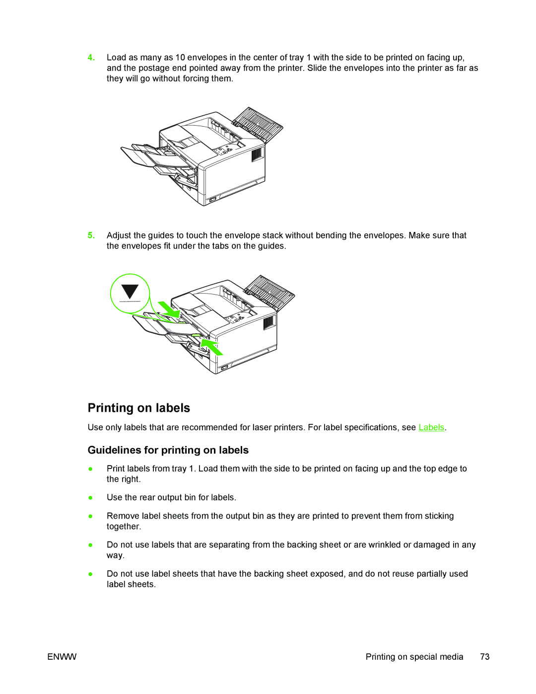 HP 5200 manual Printing on labels, Guidelines for printing on labels 