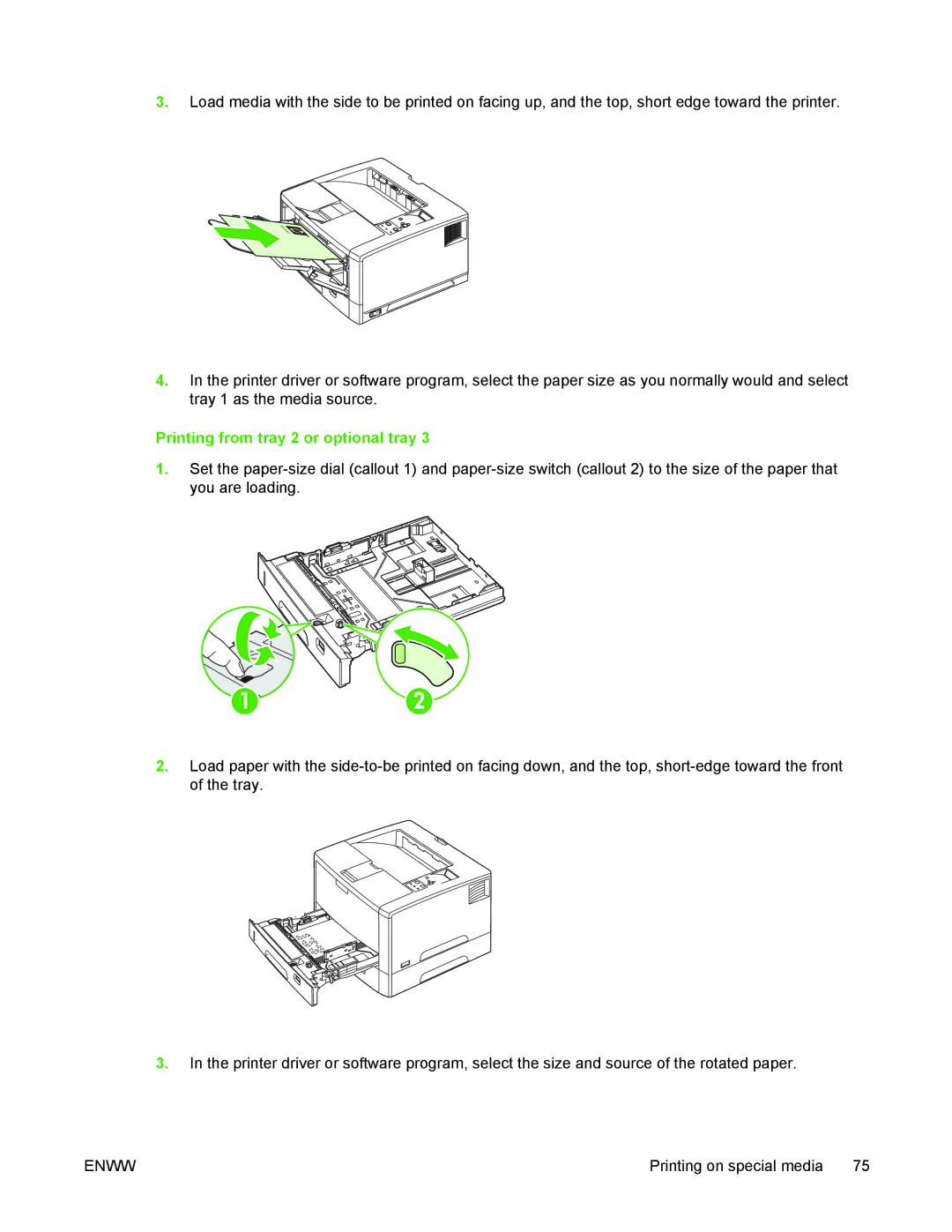 HP 5200 manual Printing from tray 2 or optional tray 