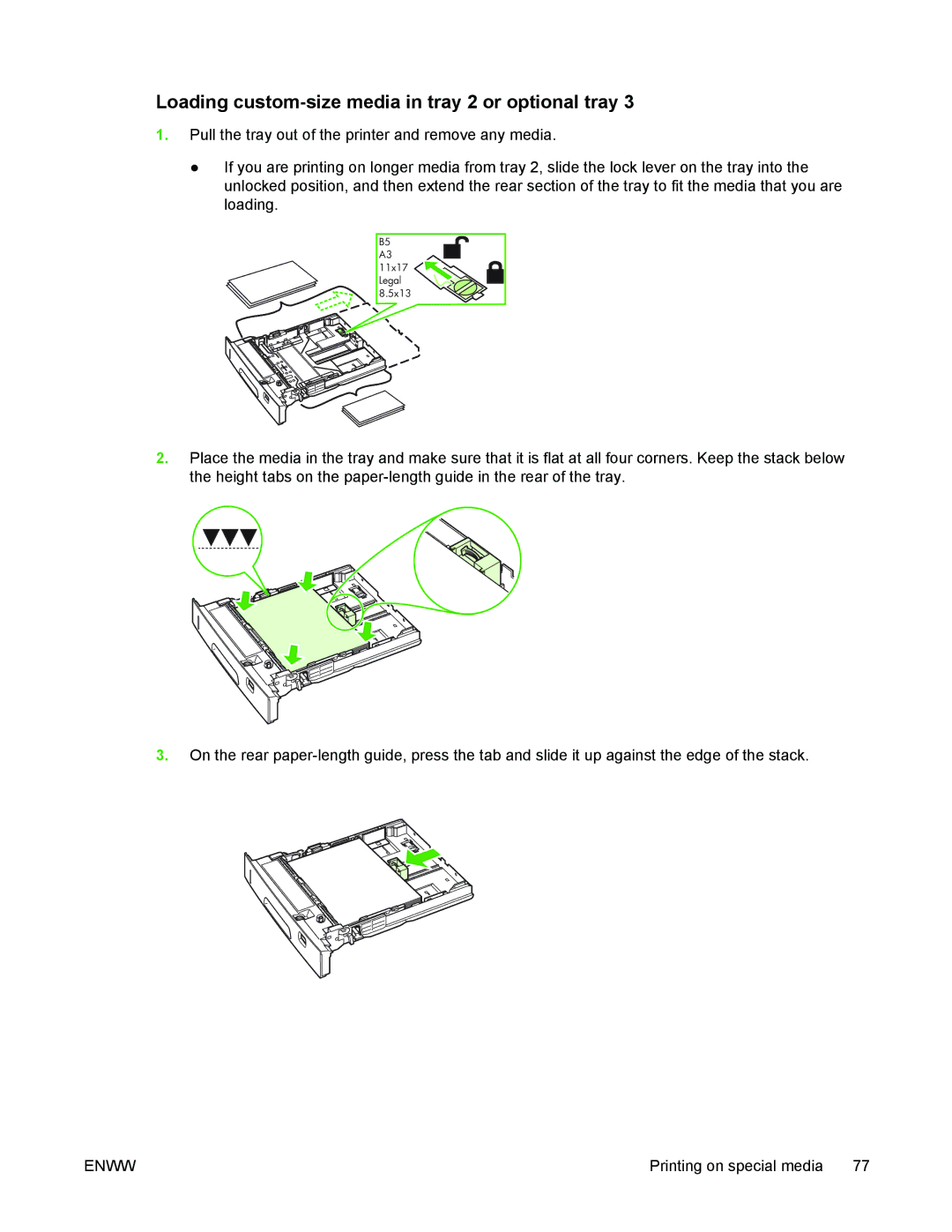 HP 5200 manual Loading custom-size media in tray 2 or optional tray 