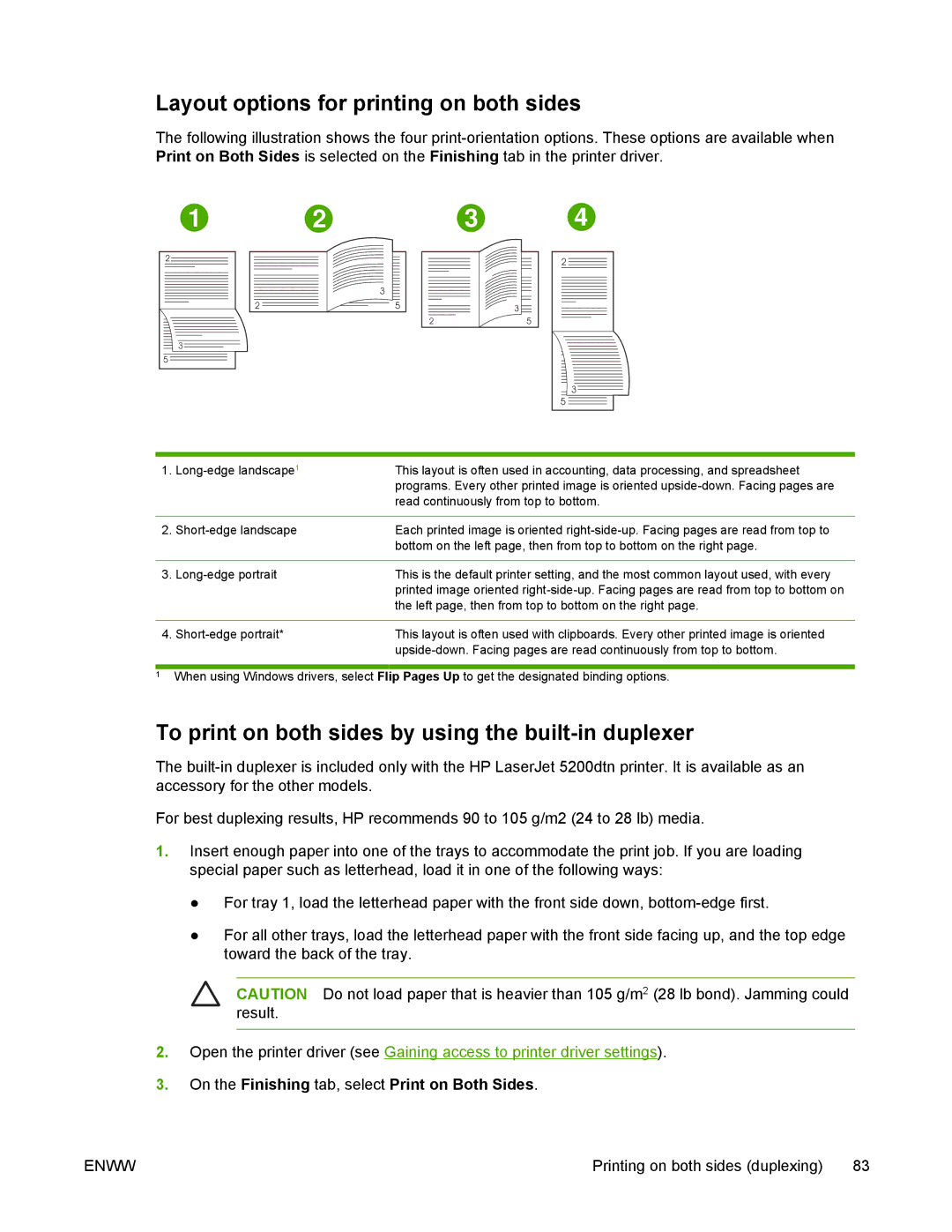 HP 5200 manual Layout options for printing on both sides, To print on both sides by using the built-in duplexer 