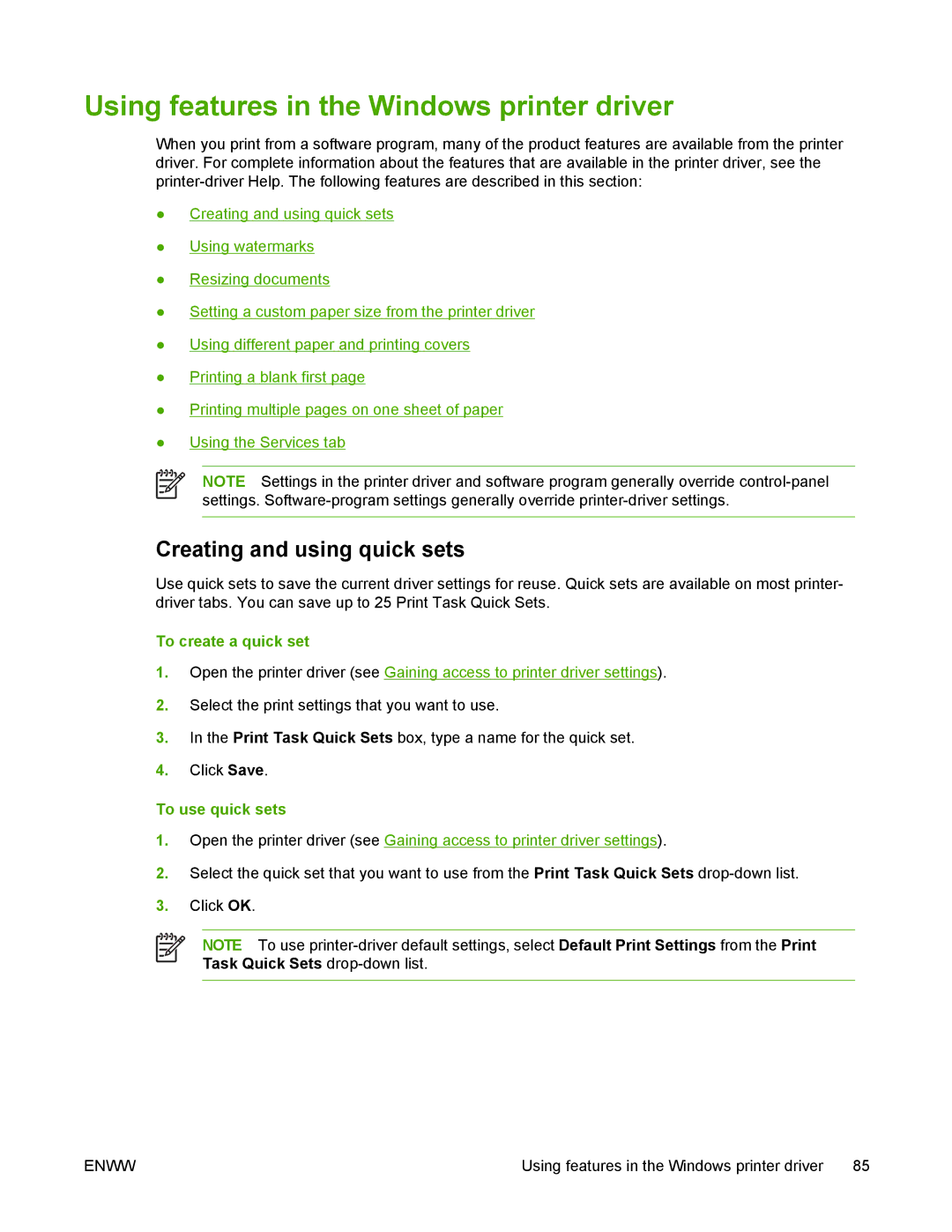 HP 5200 manual Using features in the Windows printer driver, Creating and using quick sets, To create a quick set 