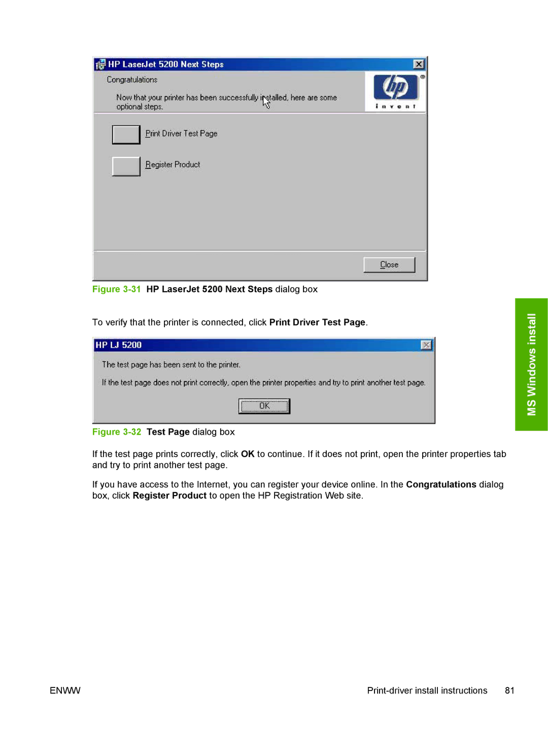 HP 5200L manual Test Page dialog box 